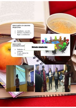 DISCUSIÓN EN GRUPOS
PEQUEÑOS
 Estudiantes con roles
 Debaten el problema y
llegan a conclusiones
 Cada jefe del subgrupo
expone los resultados

 Debaten el problema y
llegan a conclusiones
 Cada jefe del subgrupo
expone los resultados
DISCUSIÓN
CONFRONTACIÓN
 Defienden posiciones
contrarias
 El jefe expresa los
resultados
 Conclusiones resalta
resultados positivos
Método simulación
 