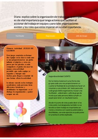 Diana explico sobre la organizaciónde trabajos grupales que
es de vital importanciaque tengaactoresque faciliten el
accionar del trabajoen equipoy paratales organizaciones
existen y los roles que estos imperan en su vital importancia.
Primera Actividad JUEGO DE
GLOBOS
Este juego consistía en formar
dos equipo en la clase a cada uno
se nos proporcionaron un globo
inflado el objetivo y reto era
pasar por las piernas a cada
compañero el globo sin usar las
manos esta actividad
permitió que cada equipo se
organice y busque una
táctica para llegar a concluir de
una forma eficaz la actividad.
lo mismo sucede en los trabajos
académicos cada persona tiene
diferentes fortalezas y
debilidades lo importante es el
dialogo la organización y poder
ocupar un rol.
Segunda actividad CUENTO
De la misma manera el curso formo dos
grupos cada uno nos proporcionaron un
cuento la finalidad de la actividad era hacer un
resumen y una síntesis del texto para esto
cada grupo debía organizarsey buscar una
facilitador , adiestrador y jefe de grupo de
modo que cada persona debía cumplir un
papel para tener un resultado bueno.
desde mi punto de vista puedo decir si los
roles están mal designados también no se
tendrá un bien trabajo es importante ser
claros y sinceros con nuestros potenciales y
debilidades, con este ejercicio se pudo poner
en practica lo antes explicado.
Facilitador Registrador Jefe de Grupo
 