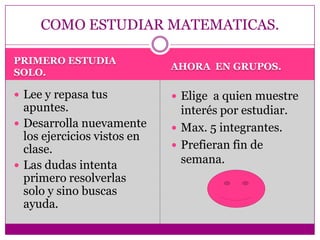PRIMERO ESTUDIA  SOLO.AHORA  EN GRUPOS.Lee y repasa tus apuntes.Desarrolla nuevamente los ejercicios vistos en clase.Las dudas intenta primero resolverlas  solo y sino buscas ayuda.Elige  a quien muestre interés por estudiar.Max. 5 integrantes.Prefieran fin de semana.COMO ESTUDIAR MATEMATICAS.