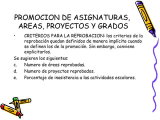PROMOCION DE ASIGNATURAS,  AREAS, PROYECTOS Y GRADOS CRITERIOS PARA LA REPROBACION: los criterios de la reprobación quedan definidos de manera implícita cuando se definen los de la promoción. Sin embargo, conviene explicitarlos. Se sugieren los siguientes: Numero de áreas reprobadas. Numero de proyectos reprobados. Porcentaje de inasistencia a las actividades escolares. 
