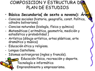 COMPOSICION Y ESTRUCTURA DEL PLAN DE ESTUDIOS Básica Secundaria( de sexto a noveno): Áreas: Ciencias sociales (historia, geografía, const. Política, cátedra bolivariana) Ciencias naturales (biología, física y química) Matemáticas ( aritmética, geometría, medición y estadística y probabilidad ) Artística (dibujo artístico, artes plásticas, arte dramático y música) Educación ética y religiosa. Lengua Castellana. Idiomas extranjeros (ingles y francés). Educación física, recreación y deporte. Tecnología e informática -  Emprendimiento y empresarismo. 