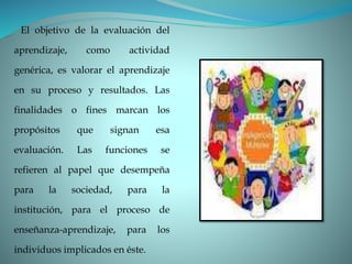 El objetivo de la evaluación del
aprendizaje, como actividad
genérica, es valorar el aprendizaje
en su proceso y resultados. Las
finalidades o fines marcan los
propósitos que signan esa
evaluación. Las funciones se
refieren al papel que desempeña
para la sociedad, para la
institución, para el proceso de
enseñanza-aprendizaje, para los
individuos implicados en éste.
 