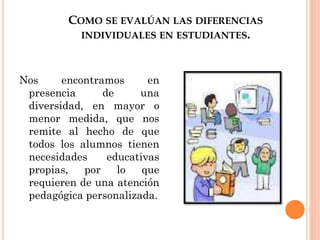 COMO SE EVALÚAN LAS DIFERENCIAS
INDIVIDUALES EN ESTUDIANTES.
Nos encontramos en
presencia de una
diversidad, en mayor o
menor medida, que nos
remite al hecho de que
todos los alumnos tienen
necesidades educativas
propias, por lo que
requieren de una atención
pedagógica personalizada.
 