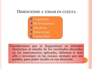 DIMENCIONES A TOMAR EN CUENTA.
Consideramos que al diagnosticar no debemos
limitarnos al estudio de los resultados obtenidos
en los instrumentos aplicados, debemos ir más
allá e investigar en las causas, siempre que sea
posible, para poder incidir en esa dirección.
Cognitiva.
Motivacional.
Afectiva.
Relacional.
Capacidad.
 