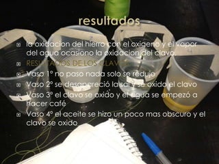  la oxidacion del hierro con el oxigeno y el vapor
del agua ocasiono la oxidacion del clavo.
 RESULTADOS DE LOS CLAVOS:
 Vaso 1º no paso nada solo se redujo
 Vaso 2º se desapareció la sal y se oxido el clavo
 Vaso 3º el clavo se oxido y el agua se empezó a
hacer café
 Vaso 4º el aceite se hizo un poco mas obscuro y el
clavo se oxido
 