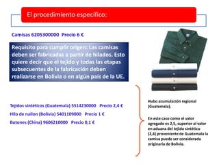 Camisas 6205300000 Precio 6 €
Tejidos sintéticos (Guatemala) 5514230000 Precio 2,4 €
Hilo de nailon (Bolivia) 5401109000 Precio 1 €
Botones (China) 9606210000 Precio 0,1 €
Requisito para cumplir origen: Las camisas
deben ser fabricadas a partir de hilados. Esto
quiere decir que el tejido y todas las etapas
subsecuentes de la fabricación deben
realizarse en Bolivia o en algún país de la UE.
Hubo acumulación regional
(Guatemala).
En este caso como el valor
agregado es 2,5, superior al valor
en aduana del tejido sintético
(2,4) proveniente de Guatemala la
camisa puede ser considerada
originaria de Bolivia.
El procedimiento específico:
 