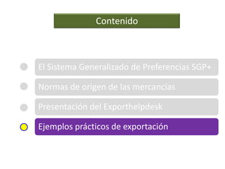 El Sistema Generalizado de Preferencias SGP+
Normas de origen de las mercancías
Presentación del Exporthelpdesk
Ejemplos prácticos de exportación
Contenido
 