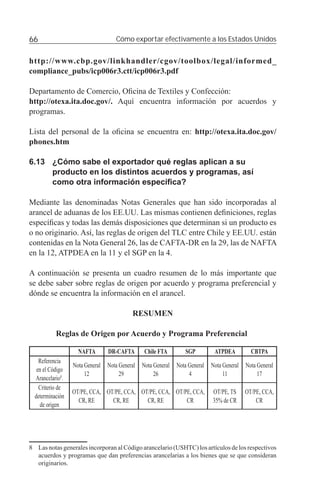66                                  Cómo exportar efectivamente a los Estados Unidos


http://www.cbp.gov/linkhandler/cgov/toolbox/legal/informed_
compliance_pubs/icp006r3.ctt/icp006r3.pdf

Departamento de Comercio, Oﬁcina de Textiles y Confección:
http://otexa.ita.doc.gov/. Aquí encuentra información por acuerdos y
programas.

Lista del personal de la oﬁcina se encuentra en: http://otexa.ita.doc.gov/
phones.htm

6.13 ¿Cómo sabe el exportador qué reglas aplican a su
     producto en los distintos acuerdos y programas, así
     como otra información especíﬁca?

Mediante las denominadas Notas Generales que han sido incorporadas al
arancel de aduanas de los EE.UU. Las mismas contienen deﬁniciones, reglas
especíﬁcas y todas las demás disposiciones que determinan si un producto es
o no originario. Así, las reglas de origen del TLC entre Chile y EE.UU. están
contenidas en la Nota General 26, las de CAFTA-DR en la 29, las de NAFTA
en la 12, ATPDEA en la 11 y el SGP en la 4.

A continuación se presenta un cuadro resumen de lo más importante que
se debe saber sobre reglas de origen por acuerdo y programa preferencial y
dónde se encuentra la información en el arancel.

                                           RESUMEN

           Reglas de Origen por Acuerdo y Programa Preferencial8

                    NAFTA        DR-CAFTA        Chile FTA        SGP          ATPDEA          CBTPA
    Referencia
                  Nota General   Nota General   Nota General   Nota General   Nota General   Nota General
   en el Código
                       12             29             26             4              11             17
  Arancelario8.
    Criterio de
                  OT/PE, CCA, OT/PE, CCA, OT/PE, CCA, OT/PE, CCA,             OT/PE, TS      OT/PE, CCA,
  determinación
                    CR, RE      CR, RE      CR, RE        CR                  35% de CR          CR
    de origen




8 Las notas generales incorporan al Código arancelario (USHTC) los artículos de los respectivos
  acuerdos y programas que dan preferencias arancelarias a los bienes que se que consideran
  originarios.
 
