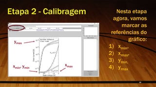 Nesta etapa
agora, vamos
marcar as
referências do
gráfico:
1) xmin,
2) xmax,
3) ymin,
4) ymax
xmin, ymin
ymax
xmax
Etapa 2 - Calibragem
18
 