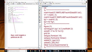Aqui, você resgata a
potência de 10.
clc
% *******************************
matrI=load('C:MATLAB7workData001.txt');
V1 = matrI(:,1);
matrV=load('C:MATLAB7workData001.txt');
Ig1 = matrV(:,2);
Ig1=10.^Ig1;
% *******************************
figure (1)
semilogy(V1,Ig1,'-b','LineWidth',2)
axis([0 2 1e-12 1e-3 ])
grid on
set(gca,'fontsize',14)
set(gca,'fontname','times')
xlabel('V_{gs} (V)')
ylabel('I_{ds} (A)')
title([' Curva Experimental '])
% *******************************
42
 