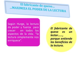 Según Hurge, la lectura
da poder y fuerza para     El fabricante de
crecer    en todos los     queso es un
aspectos de la vida. “la   lector……,
lectura simplemente nos
                           porque entiende
enriquece”.
                           los beneficios de
                           la lectura.
 