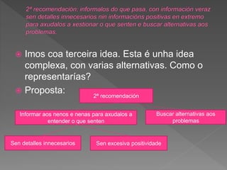 Imos coa terceira idea. Esta é unha idea
complexa, con varias alternativas. Como o
representarías?
 Proposta: 2ª recomendación
Informar aos nenos e nenas para axudalos a
entender o que senten
Sen detalles innecesarios Sen excesiva positividade
Buscar alternativas aos
problemas
 