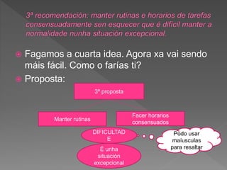  Fagamos a cuarta idea. Agora xa vai sendo
máis fácil. Como o farías ti?
 Proposta:
3ª proposta
Manter rutinas
Facer horarios
consensuados
É unha
situación
excepcional
DIFICULTAD
E
Podo usar
maíusculas
para resaltar
 