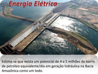 Energia ElétricaEstima-se que exista um potencial de 4 a 5 milhões de barris de petróleo equivalente/dia em geração hidráulica na Bacia Amazônica como um todo. 