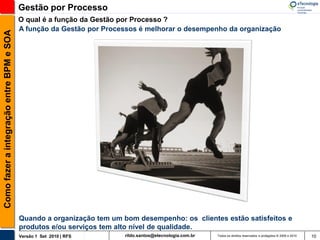 Gestão por Processo
                                          O qual é a função da Gestão por Processo ?
                                          A função da Gestão por Processos é melhorar o desempenho da organização
Como fazer a integração entre BPM e SOA




                                          Quando a organização tem um bom desempenho: os clientes estão satisfeitos e
                                          produtos e/ou serviços tem alto nível de qualidade.
                                          Versão 1 Set 2010 | RFS      rildo.santos@etecnologia.com.br   Todos os direitos reservados e protegidos © 2006 e 2010   10
 