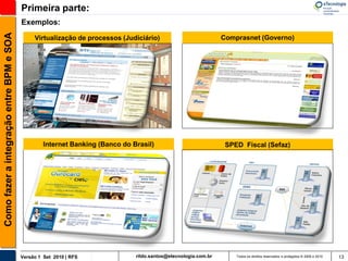 Primeira parte:
                                          Exemplos:
Como fazer a integração entre BPM e SOA

                                               Virtualização de processos (Judiciário)                           Comprasnet (Governo)




                                                   Internet Banking (Banco do Brasil)                             SPED Fiscal (Sefaz)




                                          Versão 1 Set 2010 | RFS              rildo.santos@etecnologia.com.br       Todos os direitos reservados e protegidos © 2006 e 2010   13
 