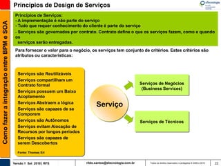 Princípios de Design de Serviços
                                           Princípios de Serviços:
                                           - A implementação é não parte do serviço
Como fazer a integração entre BPM e SOA


                                           - Tudo que requer conhecimento do cliente é parte do serviço
                                           - Serviços são governados por contrato. Contrato define o que os serviços fazem, como e quando
                                           os
                                             serviços serão entregadas.
                                           Para fornecer o valor para o negócio, os serviços tem conjunto de critérios. Estes critérios são
                                           atributos ou características:



                                            Serviços são Reutilizáveis
                                            Serviços compartilham um
                                            Contrato formal                                                     Serviços de Negócios
                                                                                                                 (Business Services)
                                            Serviços possuem um Baixo
                                            Acoplamento
                                            Serviços Abstraem a lógica             Serviço
                                                                                   Serviço
                                            Serviços são capazes de se
                                            Comporem
                                            Serviços são Autônomos                                              Serviços de Técnicos
                                            Serviços evitam Alocação de
                                            Recursos por longos períodos
                                            Serviços são capazes de
                                            serem Descobertos

                                            Fonte: Thomas Erl


                                          Versão 1 Set 2010 | RFS             rildo.santos@etecnologia.com.br       Todos os direitos reservados e protegidos © 2006 e 2010   22
 