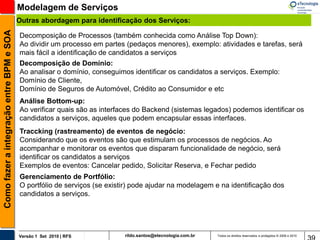 Modelagem de Serviços
                                          Outras abordagem para identificação dos Serviços:
Como fazer a integração entre BPM e SOA


                                          Decomposição de Processos (também conhecida como Análise Top Down):
                                          Ao dividir um processo em partes (pedaços menores), exemplo: atividades e tarefas, será
                                          mais fácil a identificação de candidatos a serviços
                                          Decomposição de Domínio:
                                          Ao analisar o domínio, conseguimos identificar os candidatos a serviços. Exemplo:
                                          Domínio de Cliente,
                                          Domínio de Seguros de Automóvel, Crédito ao Consumidor e etc
                                          Análise Bottom-up:
                                          Ao verificar quais são as interfaces do Backend (sistemas legados) podemos identificar os
                                          candidatos a serviços, aqueles que podem encapsular essas interfaces.
                                          Traccking (rastreamento) de eventos de negócio:
                                          Considerando que os eventos são que estimulam os processos de negócios. Ao
                                          acompanhar e monitorar os eventos que disparam funcionalidade de negócio, será
                                          identificar os candidatos a serviços
                                          Exemplos de eventos: Cancelar pedido, Solicitar Reserva, e Fechar pedido
                                          Gerenciamento de Portfólio:
                                          O portfólio de serviços (se existir) pode ajudar na modelagem e na identificação dos
                                          candidatos a serviços.




                                          Versão 1 Set 2010 | RFS          rildo.santos@etecnologia.com.br   Todos os direitos reservados e protegidos © 2006 e 2010
 