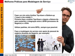 Como fazer a integração entre BPM e SOA   Melhores Práticas para Modelagem de Serviço




                                                             Fazer um mix entre Análise Top-down e Bottom-up
                                                             (“meet in the middle”):
                                                             Primeiro faça a análise Top-Down e depois a Botom-Up
                                                             para sustentar a integração entre o BPM (processos de
                                                             Negócio) e a SOA.

                                                             Utilizar padrões, tal como BPEL, sempre que possível.

                                                             Faça a modelagem de serviço com apoio do pessoal de
                                                             negócio (Analista de Negócio, por exemplo)




                                          Versão 1 Set 2010 | RFS              rildo.santos@etecnologia.com.br   Todos os direitos reservados e protegidos © 2006 e 2010   43
 