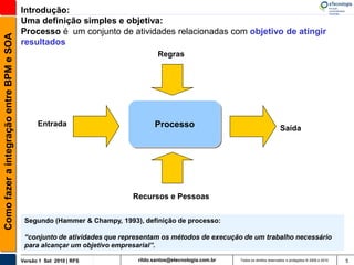Introdução:
                                          Uma definição simples e objetiva:
                                          Processo é um conjunto de atividades relacionadas com objetivo de atingir
Como fazer a integração entre BPM e SOA


                                          resultados
                                                                                  Regras




                                                Entrada                          Processo                                            Saída




                                                                          Recursos e Pessoas


                                           Segundo (Hammer & Champy, 1993), definição de processo:

                                           “conjunto de atividades que representam os métodos de execução de um trabalho necessário
                                           para alcançar um objetivo empresarial”.

                                          Versão 1 Set 2010 | RFS          rildo.santos@etecnologia.com.br   Todos os direitos reservados e protegidos © 2006 e 2010   5
 