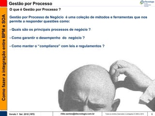 Gestão por Processo
                                          O que é Gestão por Processo ?
Como fazer a integração entre BPM e SOA


                                          Gestão por Processo de Negócio é uma coleção de métodos e ferramentas que nos
                                          permite a responder questões como:

                                          - Quais são os principais processos de negócio ?

                                          - Como garantir o desempenho do negócio ?

                                          - Como manter o “compliance” com leis e regulamentos ?




                                          Versão 1 Set 2010 | RFS       rildo.santos@etecnologia.com.br   Todos os direitos reservados e protegidos © 2006 e 2010   9
 