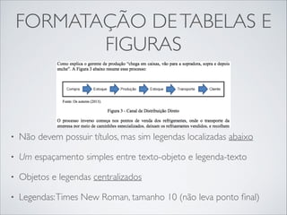 FORMATAÇÃO DE TABELAS E
FIGURAS

•

Não devem possuir títulos, mas sim legendas localizadas abaixo	


•

Um espaçamento simples entre texto-objeto e legenda-texto	


•

Objetos e legendas centralizados	


•

Legendas: Times New Roman, tamanho 10 (não leva ponto ﬁnal)

 