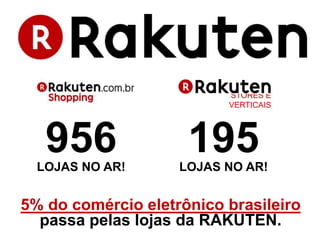 STORES E
VERTICAIS
195LOJAS NO AR!
956LOJAS NO AR!
5% do comércio eletrônico brasileiro
passa pelas lojas da RAKUTEN.
 