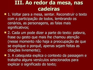 III. Ao redor da mesa, nas cadeiras 1. Voltar para a mesa, sentar. Reconstruir o texto com a participação de todos, lembrando os cenários, as personagens, as falas mais significativos; 2. Cada um pode dizer a parte do texto: palavra, frase ou gesto que mais lhe chamou atenção (nesse momento não haja a preocupação de que se explique o porquê, apenas sejam feitas as citações livremente); 3. A catequista explica o contexto da passagem e trabalha alguns versículos selecionados para explicar o significado do texto; 