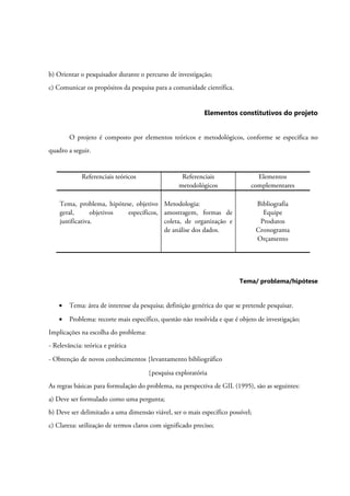 b) Orientar o pesquisador durante o percurso de investigação;
c) Comunicar os propósitos da pesquisa para a comunidade científica.
Elementos constitutivos do projeto
O projeto é composto por elementos teóricos e metodológicos, conforme se especifica no
quadro a seguir.
Referenciais teóricos Referenciais
metodológicos
Elementos
complementares
Tema, problema, hipótese, objetivo
geral, objetivos específicos,
justificativa.
Metodologia:
amostragem, formas de
coleta, de organização e
de análise dos dados.
Bibliografia
Equipe
Produtos
Cronograma
Orçamento
Tema/ problema/hipótese
• Tema: área de interesse da pesquisa; definição genérica do que se pretende pesquisar.
• Problema: recorte mais específico, questão não resolvida e que é objeto de investigação;
Implicações na escolha do problema:
- Relevância: teórica e prática
- Obtenção de novos conhecimentos {levantamento bibliográfico
{pesquisa exploratória
As regras básicas para formulação do problema, na perspectiva de GIL (1995), são as seguintes:
a) Deve ser formulado como uma pergunta;
b) Deve ser delimitado a uma dimensão viável, ser o mais específico possível;
c) Clareza: utilização de termos claros com significado preciso;
 