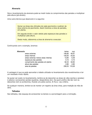 Alvenaria 
Para o levantamento da alvenaria pode-se medir todos os comprimentos das paredes e multiplicar 
pela altura (pé-direito). 
Uma outra técnica que desenvolvi é a seguinte: 
Somar as áreas dos cômodos de cada pavimento e subtrair da 
área externa do pavimento. Assim teremos a área de paredes, 
em planta. 
Em seguida dividir o valor obtido pela espessura das paredes e 
multiplicar pela altura. 
Deste modo, obteremos a área de alvenaria a executar. 
Continuando com o exemplo, teremos: 
Alvenaria terreo sup 
areas externas 148,90 49,91 
areas internas 135,05 43,52 
areas externas menos areas internas 13,85 6,39 
espessura das paredes 0,15 0,15 
comprimento das paredes em planta 92,33 42,60 
altura das paredes 2,80 2,80 
area de paredes 258,53 119,28 
A vantagem é que se pode aproveitar a tabela utilizada no levantamento dos revestimentos e ter 
um resultado muito rápido. 
Se quiser ser exato no levantamento, lembre-se de descontar as áreas de vãos (portas e janelas) 
e pilares e acrescentar perdas (quebras, desperdícios etc). Ha quem prefira não dar nem os 
descontos nem os acréscimos, ficando uns pelos outros. Ai fica a seu critério. 
De qualquer maneira, lembre-se de manter um registro da área cheia, para medição da mão de 
obra. 
Telhados 
Nos telhados, não esqueça de acrescentar os beirais e a porcentagem para a inclinação. 
12 
 