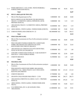 2.1.3 PEDRA BRITADA N. 2 OU 25 MM - POSTO PEDREIRA / 
FORNECEDOR (SEM FRETE) 0.98000000 M3 49,50 48,51 
Total 26,87 
8.2 REGULARIZAçãO DE PISO (M2) 
1 Mão de Obra Regularização de Piso 1.00000000 M2 20,00 20,00 
2 
REGULARIZACAO DE PISO/BASE EM ARGAMASSA 
TRACO 1:3 (CIMENTO E AREIA), ESPESSURA 2,0CM, 
PREPARO MANUAL 
1.00000000 M2 5,19 5,19 
2.1 ARGAMASSA TRACO 1:3 (CIMENTO E AREIA), PREPARO 
MANUAL 0.02000000 M3 259,51 5,19 
2.1.1 AREIA MEDIA - POSTO JAZIDA / FORNECEDOR (S/FRETE) 1.04500000 M3 53,00 55,39 
2.1.2 CIMENTO PORTLAND COMUM CP I- 32 486.00000000 KG 0,42 204,12 
Total 25,19 
8.3 PISO CERAMICO (M2) 
1 Mão de Obra Assentamento de Pisos Ou Revestimentos (azulejos) 
Ceramicos 1.00000000 M2 20,00 20,00 
2 
PISO CERAMICO PADRAO MEDIO PEI 4 ASSENTADO 
SOBRE ARGAMASSA DE CIMENTO COLANTE 
REJUNTADO COM CIMENTO BRANCO. 
1.00000000 M2 25,83 25,83 
2.1 ARGAMASSA OU CIMENTO COLANTE EM PO PARA 
FIXACAO DE PECAS CERAMICAS 4.50000000 KG 0,31 1,40 
2.2 CERAMICA ESMALTADA EXTRA OU 1A QUALIDADE P/ 
PISO PEI-4 - LINHA PADRAO MEDIO 1.05000000 M2 22,94 24,09 
2.3 CIMENTO BRANCO 0.25000000 KG 1,38 0,35 
Total 45,83 
8.5 SOLEIRAS (M2) 
1 Mão de Obra Assentamento de Pisos Ou Revestimentos (azulejos) 
Ceramicos 1.00000000 M2 20,00 20,00 
2 
PISO GRANITO ASSENTADO SOBRE ARGAMASSA 
CIMENTO / CAL / AREIA TRACO 1:0,25:3 INCLUSIVE 
REJUNTE EM CIMENTO 
1.00000000 M2 215,10 215,10 
2.1 CIMENTO BRANCO 0.75000000 KG 1,38 1,04 
2.2 GRANITO CINZA POLIDO PARA PISO E = 2 CM 1.00000000 M2 206,73 206,73 
2.3 ARGAMASSA CIMENTO/CAL/AREIA 1:0,25:3 - PREPARO 
MANUAL 0.02500000 M3 293,26 7,33 
2.3.1 AREIA MEDIA - POSTO JAZIDA / FORNECEDOR (SEM 
FRETE) 1.21000000 M3 53,00 64,13 
2.3.2 CAL HIDRATADA, DE 1A. QUALIDADE, PARA 
ARGAMASSA 61.00000000 KG 0,41 25,01 
25 
 