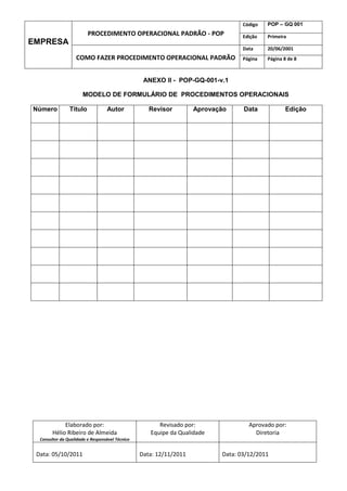 Código   POP – GQ 001
                         PROCEDIMENTO OPERACIONAL PADRÃO - POP                    Edição   Primeira
EMPRESA
                                                                                  Data     20/06/2001
                   COMO FAZER PROCEDIMENTO OPERACIONAL PADRÃO                     Página   Página 8 de 8



                                                  ANEXO II - POP-GQ-001-v.1

                       MODELO DE FORMULÁRIO DE PROCEDIMENTOS OPERACIONAIS

Número          Título            Autor             Revisor         Aprovação     Data            Edição




             Elaborado por:                            Revisado por:                Aprovado por:
        Hélio Ribeiro de Almeida                    Equipe da Qualidade               Diretoria
  Consultor da Qualidade e Responsável Técnico


 Data: 05/10/2011                                Data: 12/11/2011          Data: 03/12/2011
 