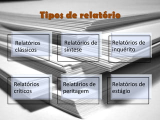 Tipos de relatório

Relatórios        Relatórios de   Relatórios de
clássicos         síntese         inquérito




Relatórios        Relatários de   Relatórios de
críticos          peritagem       estágio
 