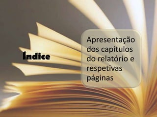 Apresentação
         dos capítulos
Índice   do relatório e
         respetivas
         páginas
 