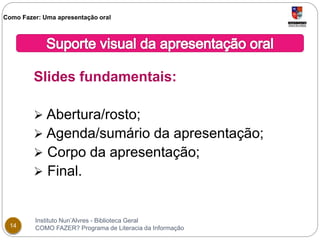 Como Fazer: Uma apresentação oral 
Slides fundamentais: 
 Abertura/rosto; 
 Agenda/sumário da apresentação; 
 Corpo da apresentação; 
 Final. 
Instituto Nun’Alvres - Biblioteca Geral 
14 COMO FAZER? Programa de Literacia da Informação 
 