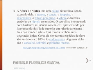 » A Serra de Sintra tem uma fauna riquíssima, sendo
  exemplo dela, a raposa, a gineta, a toupeira, a
  salamandra, o falcão peregrino, a víbora e diversas
  espécies de répteis escamados. O seu clima é temperado
  com bastantes influências oceânicas, apresentando por
  isso uma pluviosidade superior em relação à restante
  área da Grande Lisboa. Daí resulta também uma
  vegetação única. Cerca de novecentas espécies de flora
  são autóctones e 10% são endemismos. Algumas delas
  são o carvalho, sobreiro e pinheiro-manso.
             http://pt.wikipedia.org/wiki/Serra_de_Sintra (acesso em 10/1/2012)




                                                                                  18



BE/CRE D. CARLOS I
 