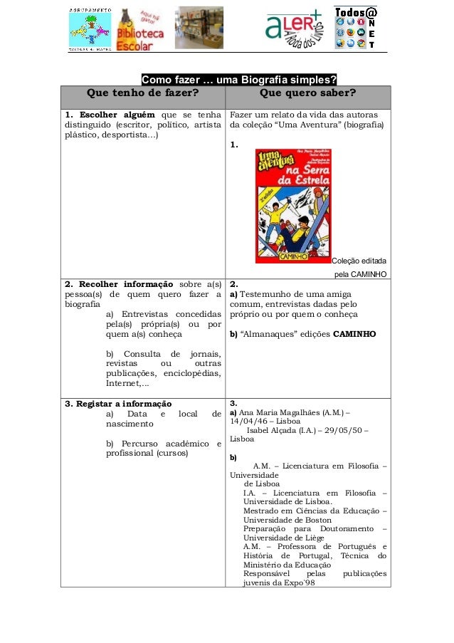 Como fazer … uma Biografia simples?
Que tenho de fazer? Que quero saber?
1. Escolher alguém que se tenha
distinguido (escr...