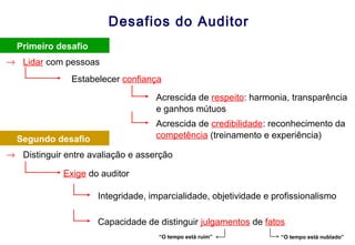 Desafios do Auditor
• Primeiro desafio
→ Lidar com pessoas
Acrescida de respeito: harmonia, transparência
e ganhos mútuos
Estabelecer confiança
Acrescida de credibilidade: reconhecimento da
competência (treinamento e experiência)• Segundo desafio
→ Distinguir entre avaliação e asserção
Integridade, imparcialidade, objetividade e profissionalismo
Exige do auditor
Capacidade de distinguir julgamentos de fatos
“O tempo está nublado”“O tempo está ruim”
 