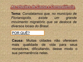 As relações de Causa e ConseqüênciaTema: Constatamosque,no município de Florianópolis,existe um grande movimento migratórioque se desloca de diversos locais do Brasil.POR QUÊ?Causa: Muitas cidades não oferecem mais qualidade de vida para seus moradores, dificultando, desse modo o sua permanência nelas.