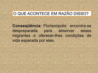 O QUE ACONTECE EM RAZÃO DISSO?Conseqüência: Florianópolis encontra-se despreparada para absorver esses migrantes e oferecer-lhes condições de vida esperada por eles.