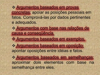 Argumentos baseados no consenso: citar proposições aceitas como verdadeiras, numa certa época.Argumentos baseados em provas concretas: apoiar as posições pessoais em fatos. Comprová-las por dados pertinentes e adequados.