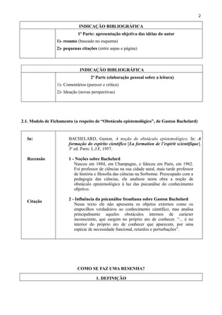 2

INDICAÇÃO BIBLIOGRÁFICA
1ª Parte: apresentação objetiva das idéias do autor
1)- resumo (baseado no esquema)
2)- pequenas citações (entre aspas e página)

INDICAÇÃO BIBLIOGRÁFICA
2ª Parte (elaboração pessoal sobre a leitura)
1)- Comentários (parecer e crítica)
2)- Ideação (novas perspectivas)

2.1. Modelo de Fichamento (a respeito de “Obstáculo epistemológico”, de Gaston Bachelard)

In:

BACHELARD, Gaston. A noção de obstáculo epistemológico. In: A
formação do espírito científico [La formation de l’espirit scientifique].
3ª ed. Paris: L.J.F, 1957.

Recensão

1 - Noções sobre Bachelard
Nasceu em 1884, em Champagne, e faleceu em Paris, em 1962.
Foi professor de ciências na sua cidade natal, mais tarde professor
de história e filosofia das ciências na Sorbonne. Preocupado com a
pedagogia das ciências, ele analisou nesta obra a noção de
obstáculo epistemológico à luz das psicanálise do conhecimento
objetivo.

Citação

2 - Influência da psicanálise freudiana sobre Gaston Bachelard
Nesse texto ele não apresenta os objetos externos como os
empecilhos verdadeiros ao conhecimento científico, mas analisa
principalmente aqueles obstáculos internos de carácter
inconsciente, que surgem no próprio ato de conhecer. “... é no
interior do próprio ato de conhecer que aparecem, por uma
espécie de necessidade funcional, retardos e perturbações”.

COMO SE FAZ UMA RESENHA?
1. DEFINIÇÃO

 