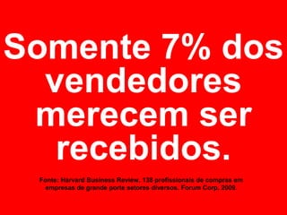 Somente 7% dos
  vendedores
 merecem ser
   recebidos.
 Fonte: Harvard Business Review, 138 profissionais de compras em
   empresas de grande porte setores diversos. Forum Corp, 2009.
 