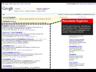 Resultado Orgânico
Ranking determinado por: Relevância e
Popularidade do link / Responsável por
90% dos clicks / Você conquista a sua
posição / Resultados naturais.
 