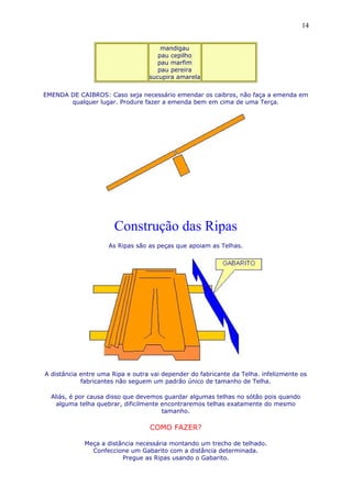 mandigau
pau cepilho
pau marfim
pau pereira
sucupira amarela
EMENDA DE CAIBROS: Caso seja necessário emendar os caibros, não faça a emenda em
qualquer lugar. Produre fazer a emenda bem em cima de uma Terça.
Construção das Ripas
As Ripas são as peças que apoiam as Telhas.
A distância entre uma Ripa e outra vai depender do fabricante da Telha. infelizmente os
fabricantes não seguem um padrão único de tamanho de Telha.
Aliás, é por causa disso que devemos guardar algumas telhas no sótão pois quando
alguma telha quebrar, dificilmente encontraremos telhas exatamente do mesmo
tamanho.
COMO FAZER?
Meça a distância necessária montando um trecho de telhado.
Confeccione um Gabarito com a distância determinada.
Pregue as Ripas usando o Gabarito.
14
 
