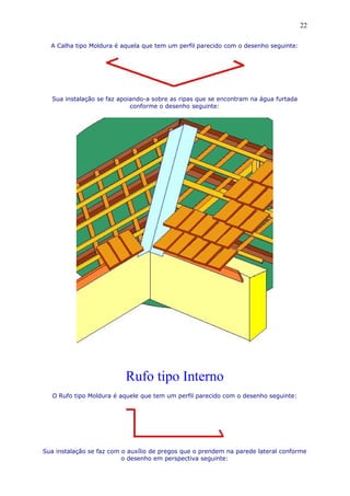A Calha tipo Moldura é aquela que tem um perfil parecido com o desenho seguinte:
Sua instalação se faz apoiando-a sobre as ripas que se encontram na água furtada
conforme o desenho seguinte:
Rufo tipo Interno
O Rufo tipo Moldura é aquele que tem um perfil parecido com o desenho seguinte:
Sua instalação se faz com o auxílio de pregos que o prendem na parede lateral conforme
o desenho em perspectiva seguinte:
22
 