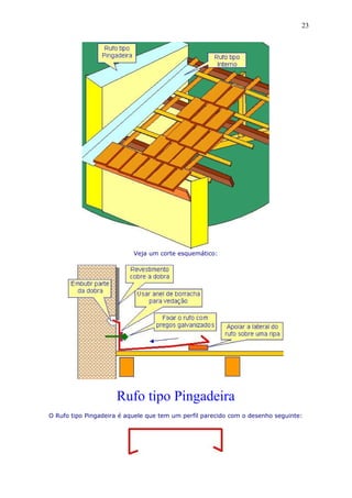 Veja um corte esquemático:
Rufo tipo Pingadeira
O Rufo tipo Pingadeira é aquele que tem um perfil parecido com o desenho seguinte:
23
 