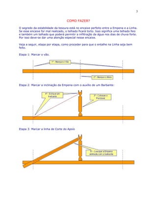 COMO FAZER?
O segredo da estabilidade da tesoura está no encaixe perfeito entre a Empena e a Linha.
Se esse encaixe for mal realizado, o telhado ficará torto. Isso significa uma telhado feio
e também um telhado que poderá permitir a infiltração da água nos dias de chuva forte.
Por isso deve-se dar uma atenção especial nesse encaixe.
Veja a seguir, etapa por etapa, como proceder para que o entalhe na Linha seja bem
feito.
Etapa 1: Marcar o vão.
Etapa 2: Marcar a inclinação da Empena com o auxílio de um Barbante:
Etapa 3: Marcar a linha de Corte do Apoio
3
 