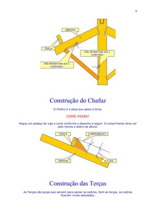 Construção do Chafuz
O Chafuz é a peça que apoia a terça.
COMO FAZER?
Pegue um pedaço de viga e corte conforme o desenho a seguir. O comprimento deve ser
pelo menos o dobro da altura:
Construção das Terças
As Terças são peças que servem para apoiar os caibros. Sem as terças, os caibros
ficariam muito abaulados.
9
 