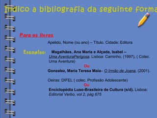 Biblioteca Indico a bibliografia da seguinte forma: Apelido, Nome (ou ano) – Título. Cidade: Editora Exemplos :   Magalhães, Ana Maria e Alçada, Isabel –  Uma AventuraPerigosa . Lisboa: Caminho, (1997), ( Colec.  Uma Aventura) Ou Gonzalez, Maria Teresa Maia –  O Irmão de Joana , (2001).  Oeiras: DIFEL ( colec. Profissão Adolescente)   Ou Enciclopédia Luso-Brasileira de Cultura (s/d).  Lisboa :  Editorial Verbo, vol 2, pág 675 Para os livros 